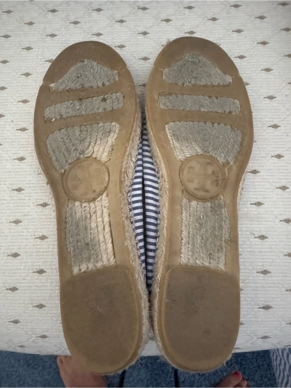Tory Burch Navy and White Striped Espadrille Flats with Gold Sequin Flower